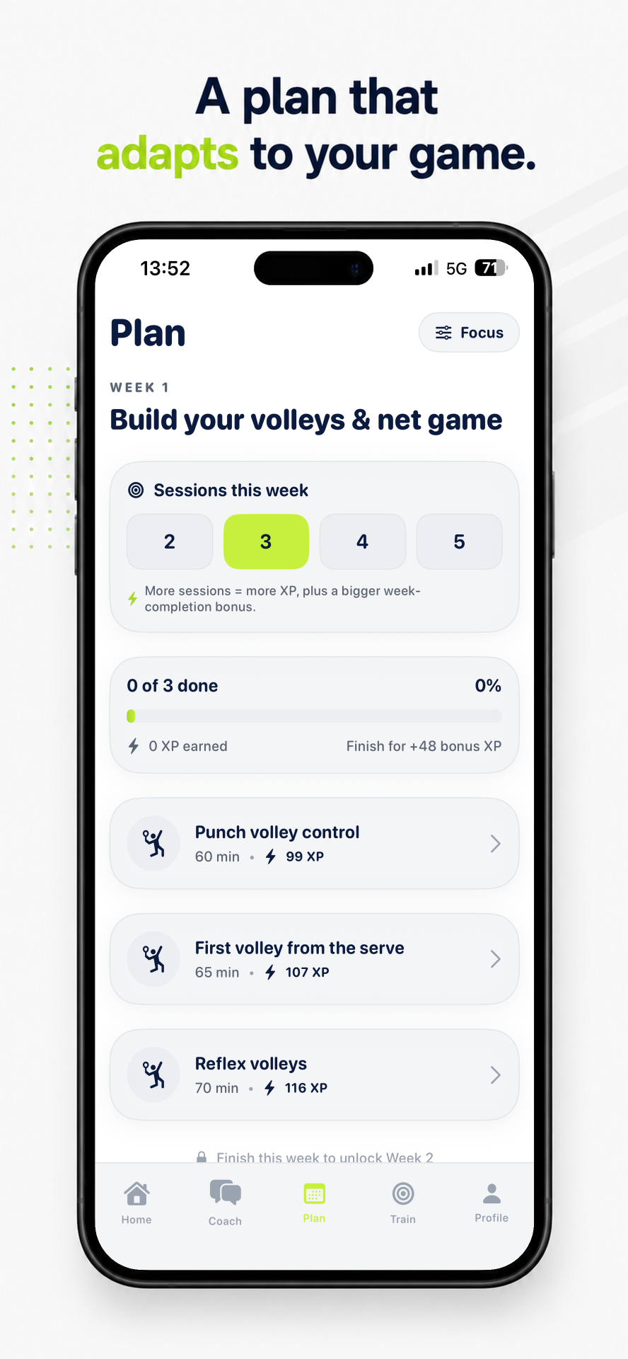 Weekly padel training plan with wall play, bandeja and match sessions.