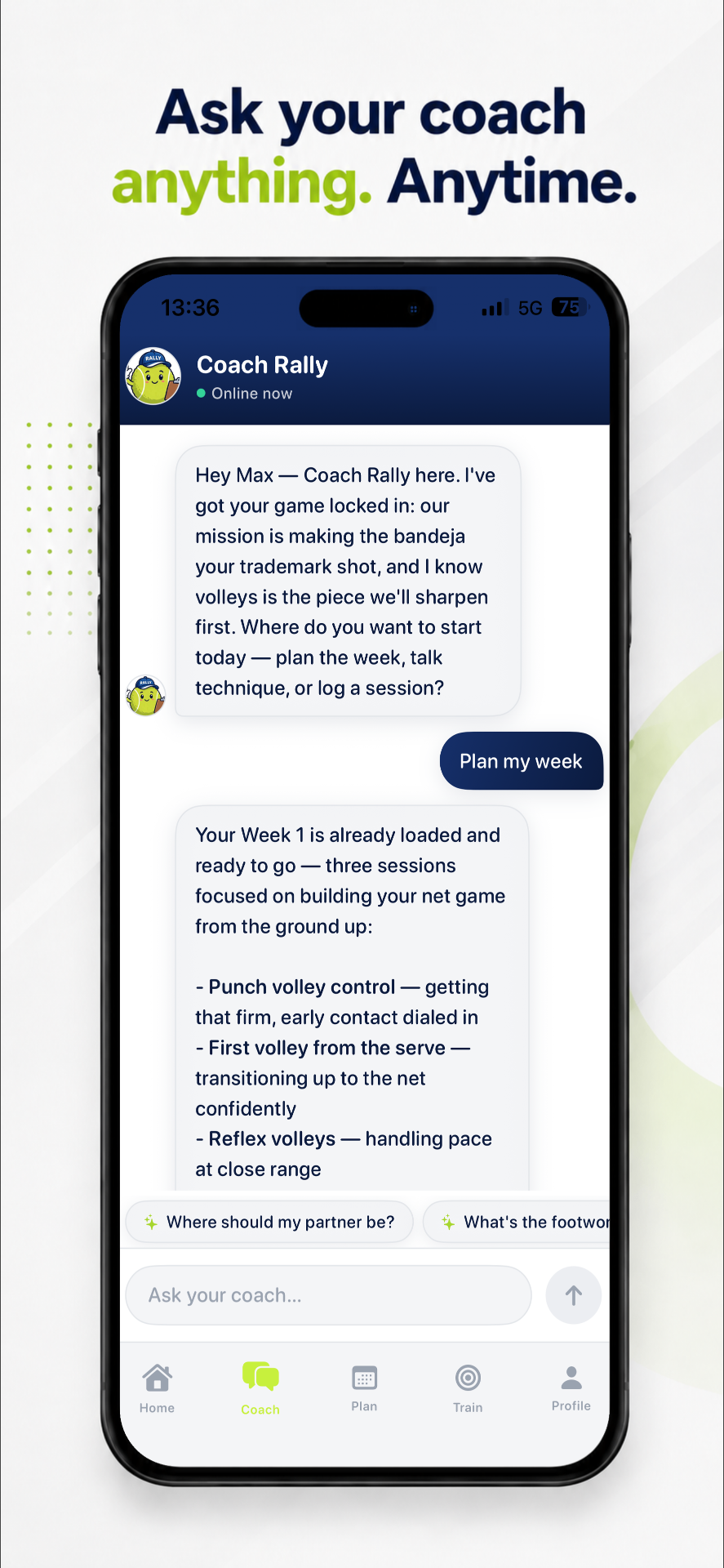 Chat with Coach Rally AI advising on fixing a bandeja that floats long.