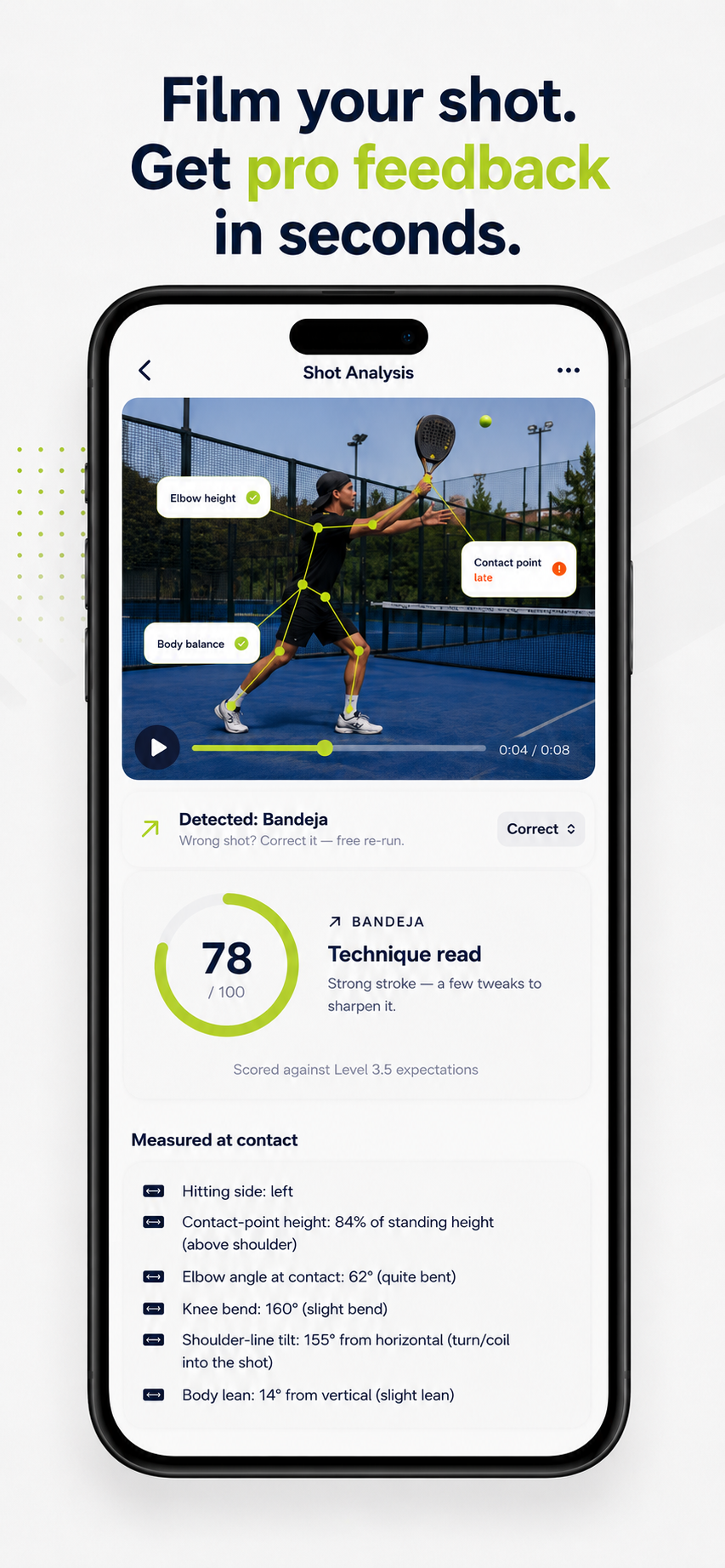Shot Analysis screen: padel bandeja with pose-estimation skeleton overlay and a score of 82.