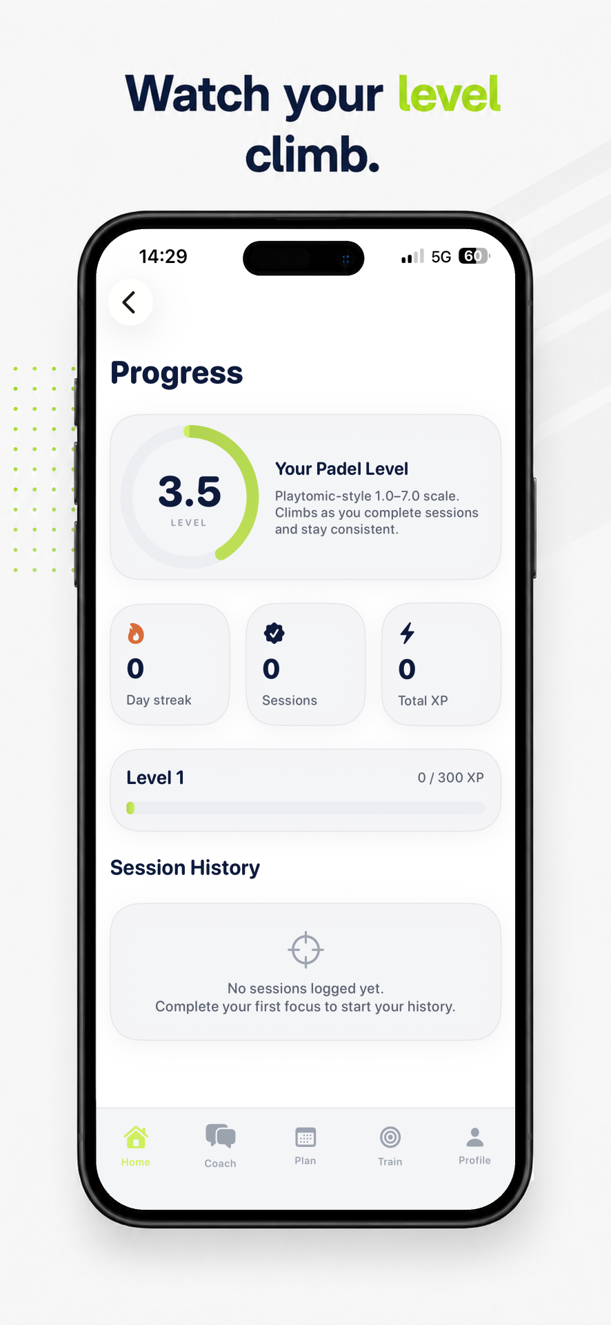 Padel Level screen showing a 3.75 Playtomic rating trending up over 12 weeks.