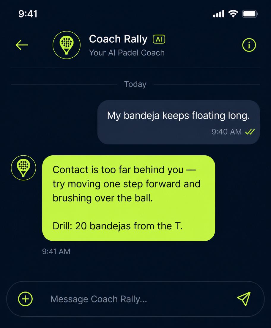 Chat with Coach Rally AI advising on fixing a bandeja that floats long.