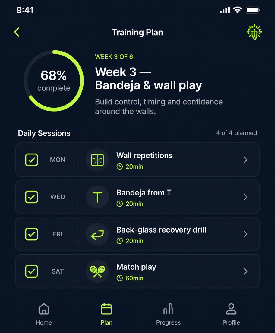 Weekly padel training plan with wall play, bandeja and match sessions.