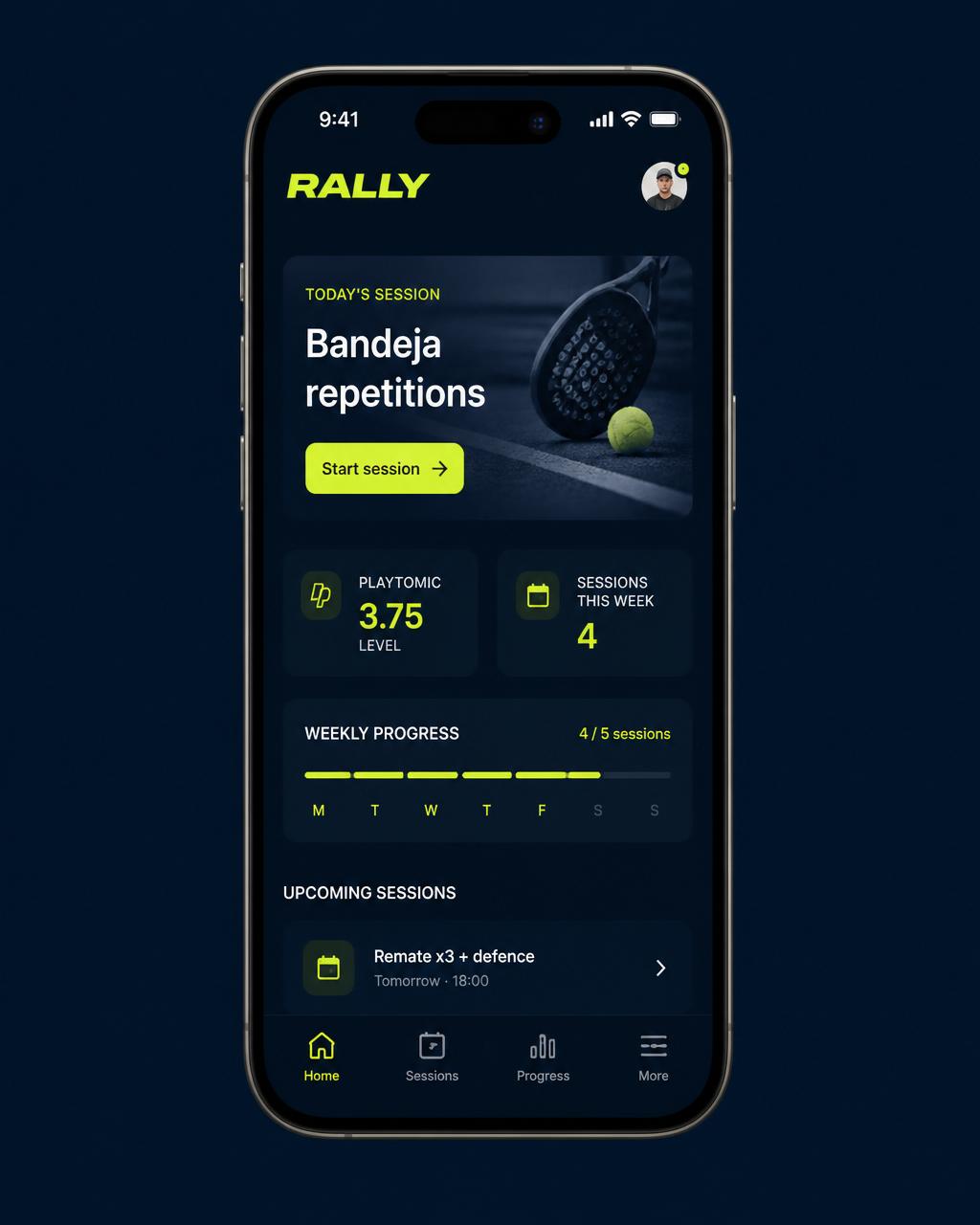 RALLY Padel app home screen: today's bandeja session, Playtomic 3.75 level, weekly progress.